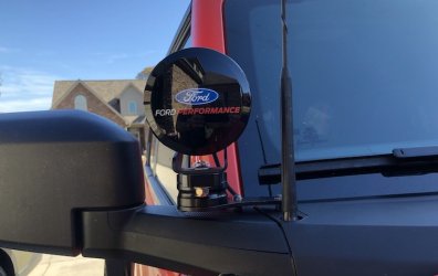 Ford Performance Rigid 4 inch Off Road lights with BAM 360 mount mounted to mirrors